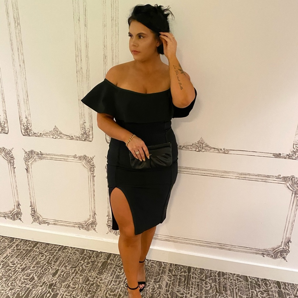 Strapless black midi dress